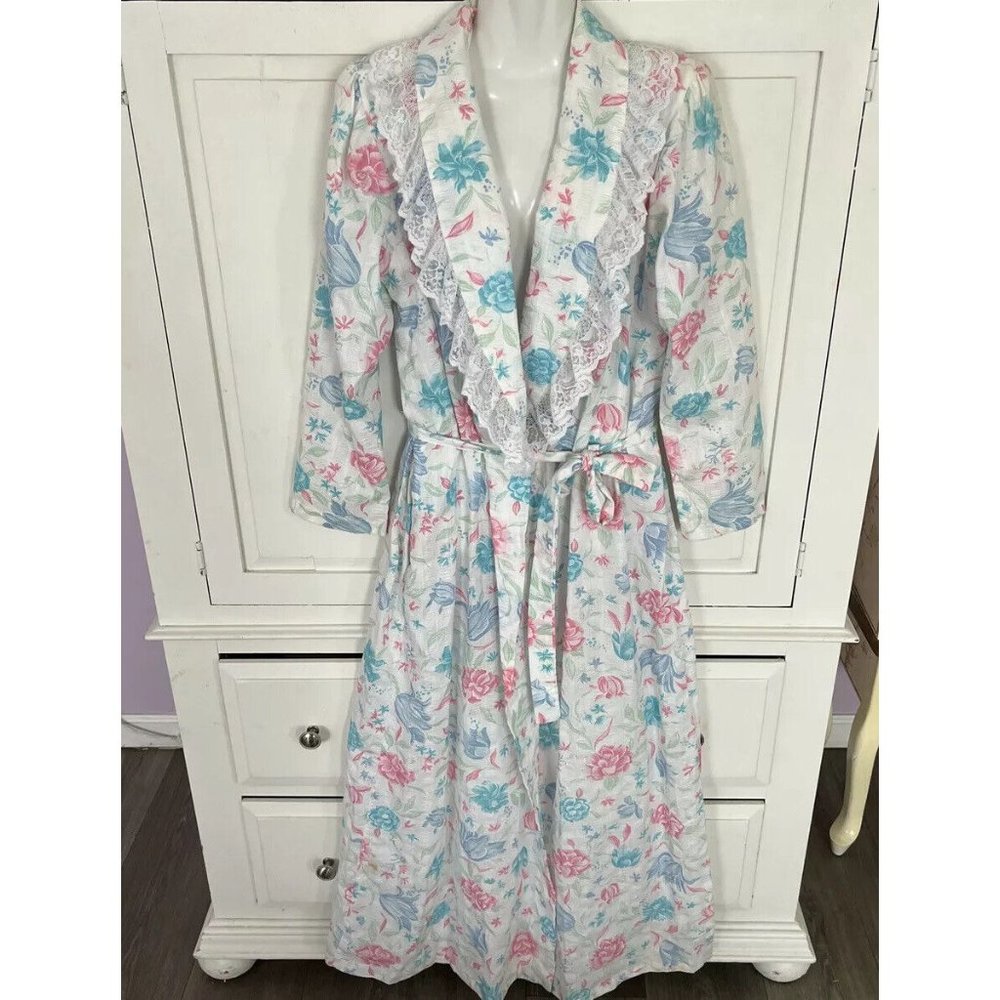Vintage Summer Robe Floral White Blue Pink Lace Trim Belted Pockets Smal…